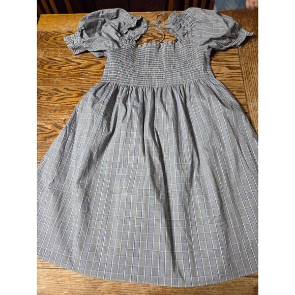 Hill House Athena Gray Blue Plaid Check Puff Sleeve Smocked Mini Nap Dress Large - Picture 2 of 6